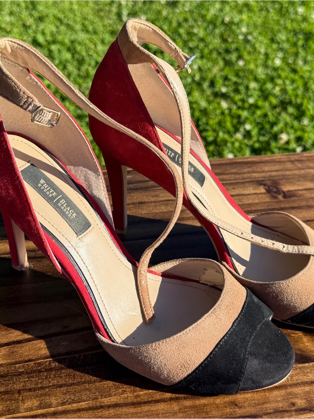 White House Black Market Red, Beige and Black Colorblock Suede Ankle-Strap Pumps